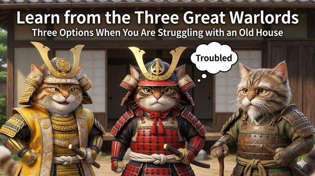 Struggling with an old house in Kyoto Japan? Discover three approaches based on Japan’s great warlords - Nobunaga (rebuild), Hideyoshi (renovate) and Ieyasu (maintain). Find the option that matches your lifestyle with us for your "Secret Base" in Kyoto!
